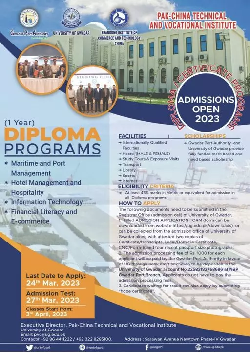 Pak China Technical and Vocational  Gwadar admissions 2023 – University Of Gwadar Admissions 2023 — original advertisement