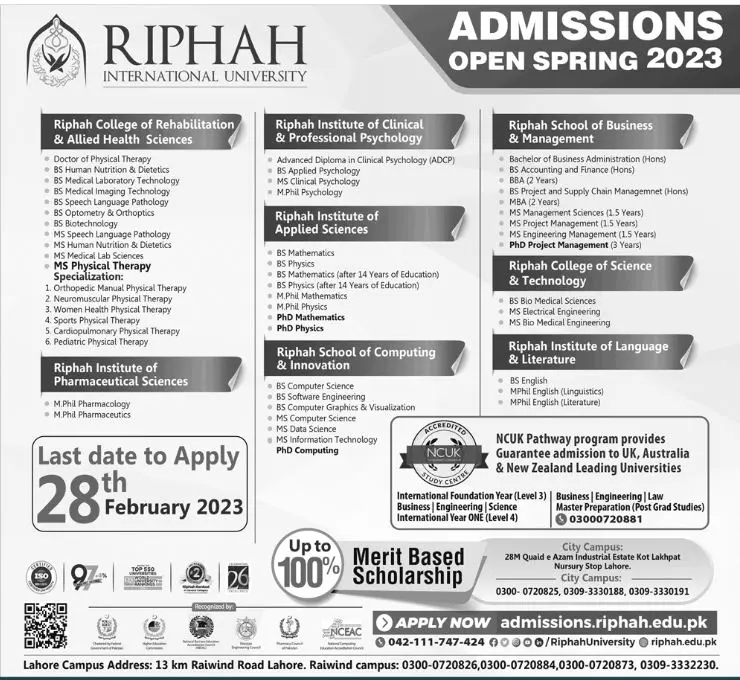Riphah International University Admissions 2023 Admissions 2023 — original advertisement