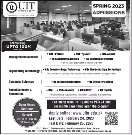 Usman Institute of Technology UIT Admissions 2023 – Usman Institute Of Technology UIT Karachi Admissions 2023 — original advertisement