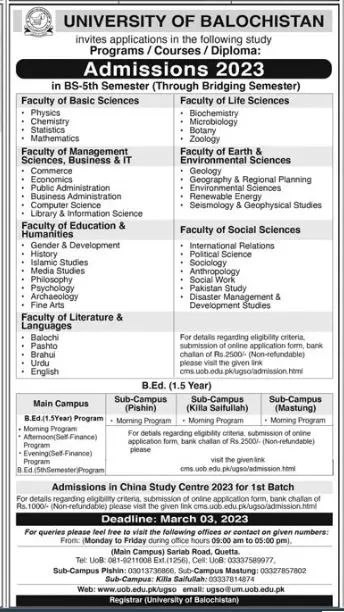 University of Balochistan Admissions 2023 Admissions 2023 — original advertisement