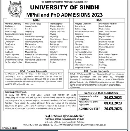University of Sindh Admissions 2023 – University of Sindh Jamshoro Admissions 2023 — original advertisement