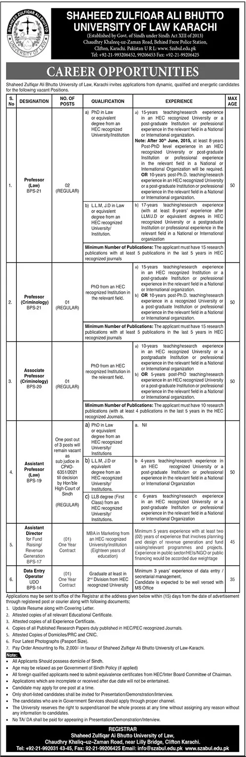 Shaheed Zulfiqar Ali Bhutto University of Law Jobs 2023 – Shaheed Zulfiqar Ali Bhutto University of Law Karachi Jobs 2023 — original advertisement