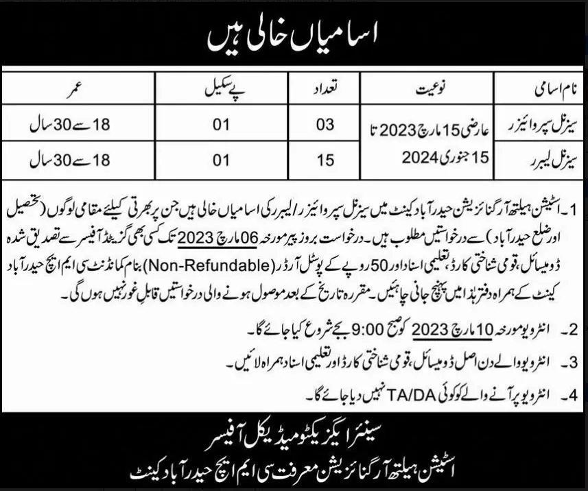 Station Health Organization Hyderabad Cantt Jobs 2023 – Pakistan Army Jobs 2023 — original advertisement