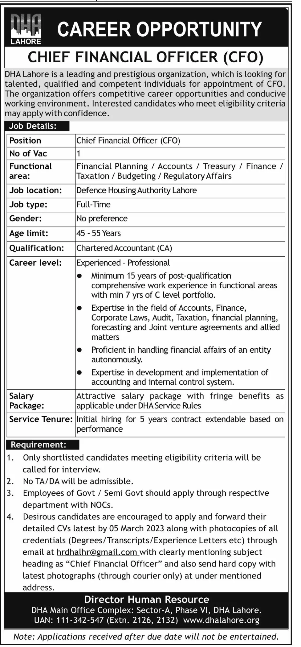 Defence Housing Authority DHA Lahore Jobs 2023 Jobs 2023 — original advertisement