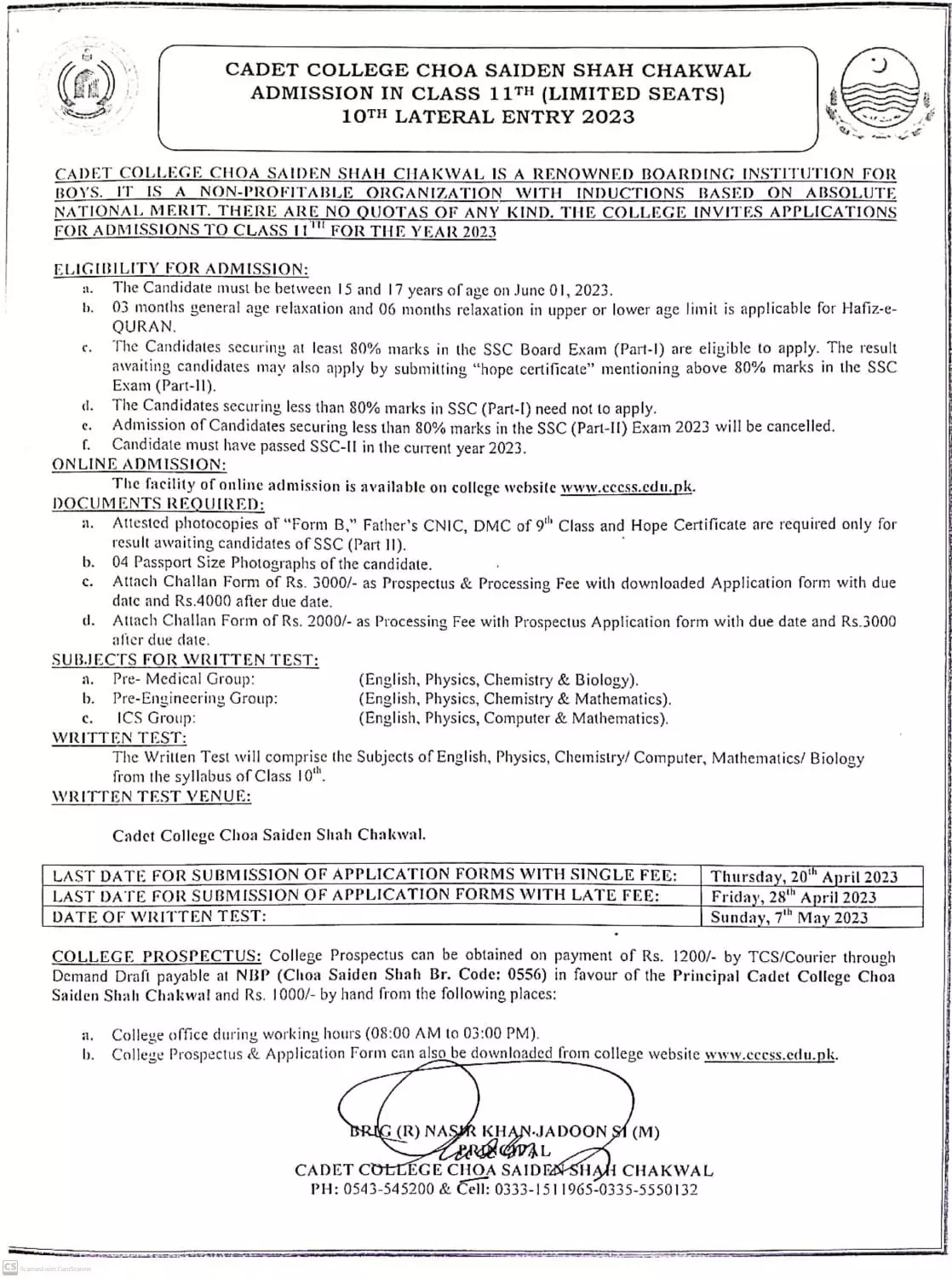 Cadet College Choa Saiden Shah Chakwal Admissions 2023 Admissions 2023 — original advertisement