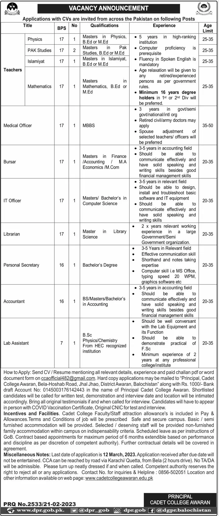 Cadet College Awaran Balochistan Jobs 2023 Jobs 2023 — original advertisement
