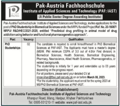 Pak Austria Fachhochschule PAF IST Jobs 2023 Jobs 2023 — original advertisement