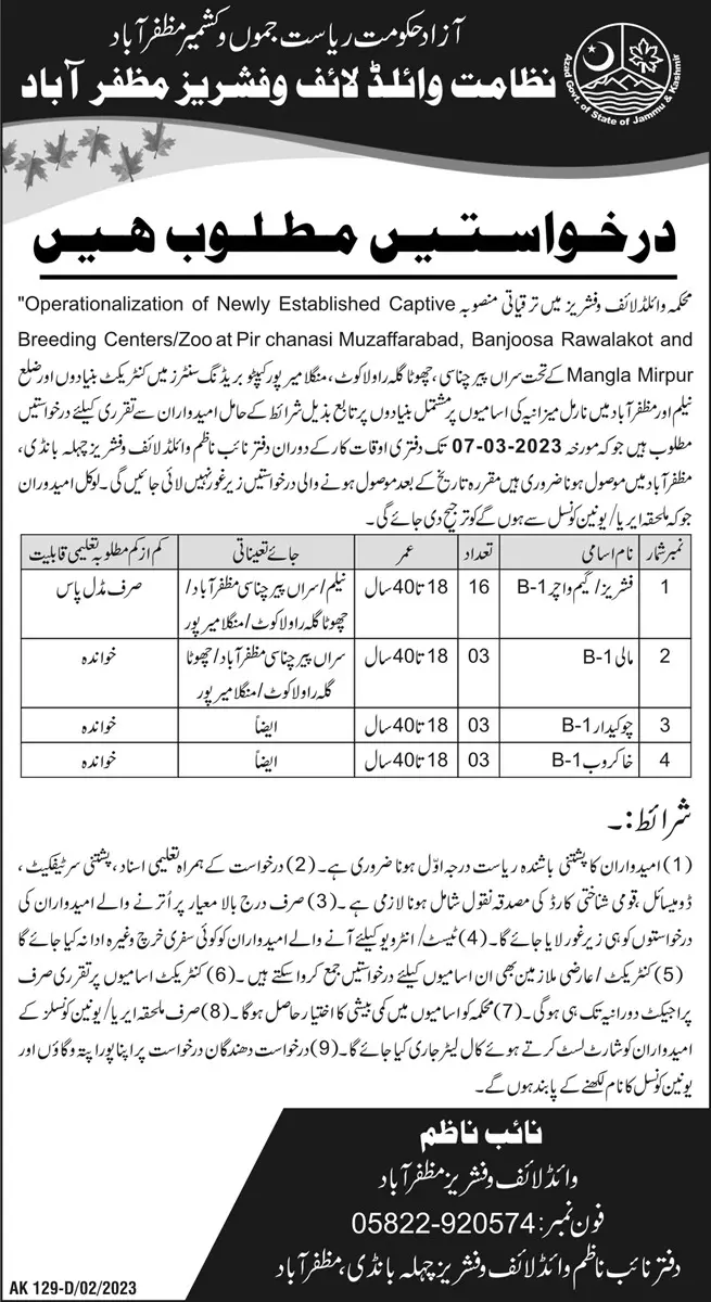 Wildlife & Fisheries Department Muzaffarabad Jobs 2023 – Govt of Azad Kashmir Jobs 2023 — original advertisement