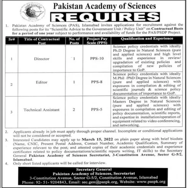 Pakistan Academy Sciences PAS Islamabad Jobs 2023 – Pakistan Academy of Sciences Islamabad Jobs 2023 — original advertisement