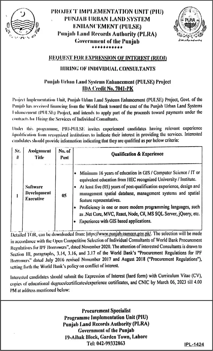 Punjab Land Records Authority PLRA Jobs 2023 Jobs 2023 — original advertisement