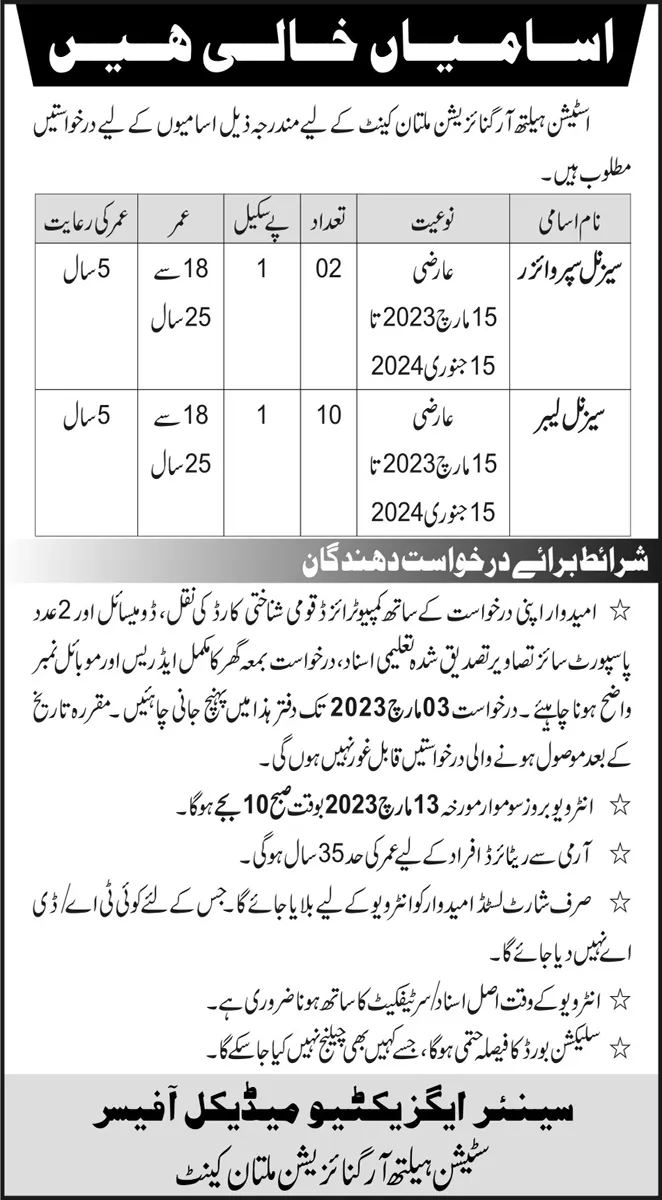 Station Health Organization Multan Cantt Jobs 2023 – Pakistan Army Jobs 2023 — original advertisement