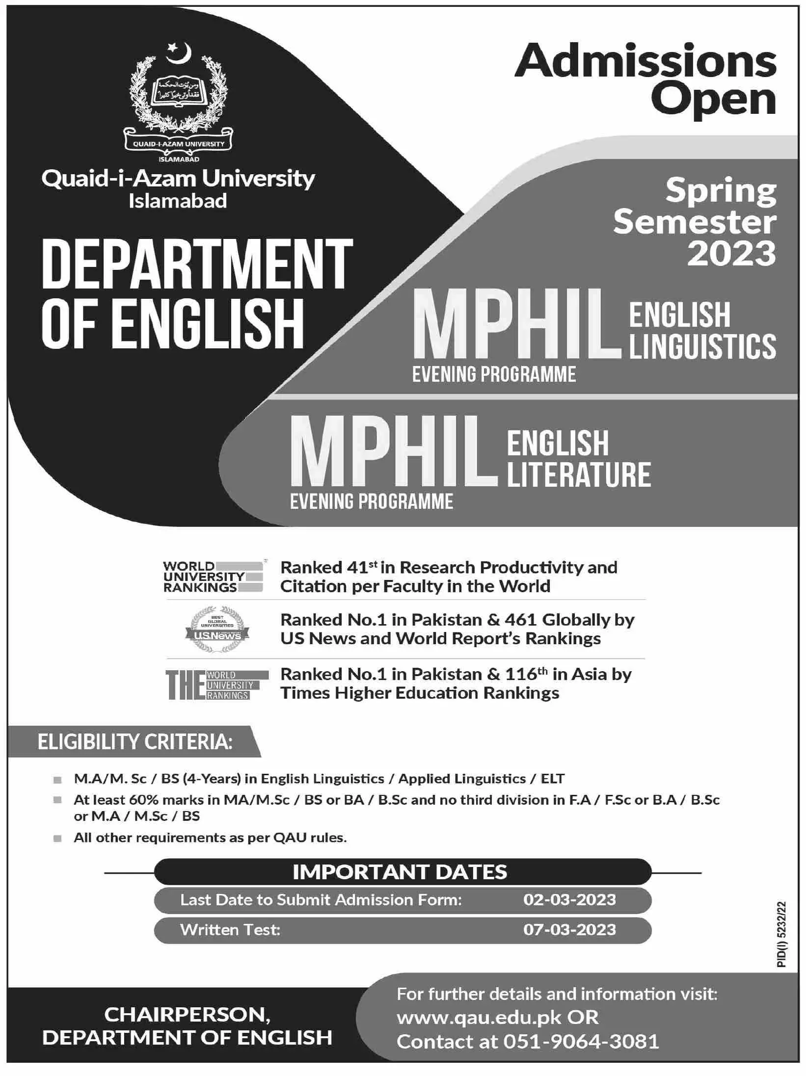 Quaid-i-Azam University, Islamabad Admissions 2023 – Quaid-i-Azam University, Islamabad , Pakistan Admissions 2023 — original advertisement