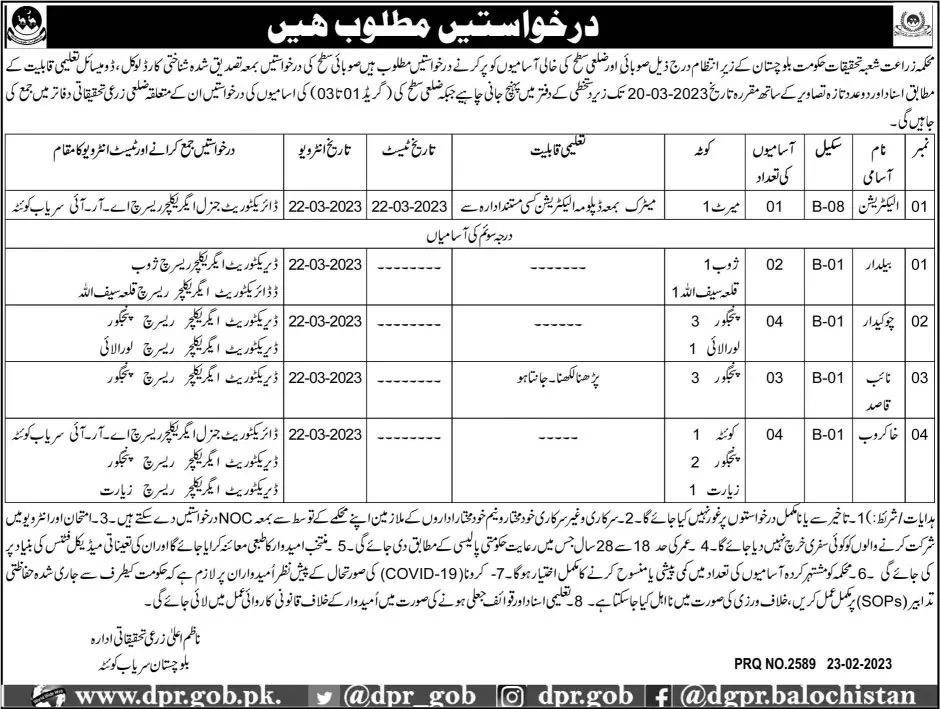 Agriculture Research Department Balochistan Jobs 2023 – Agriculture Department Balochistan Jobs 2023 — original advertisement
