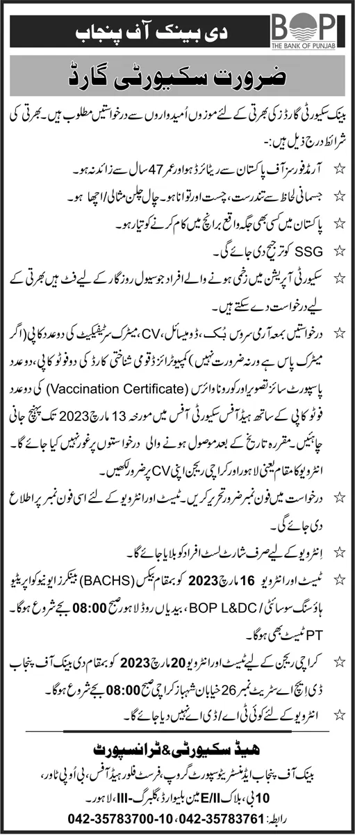 Bank of Punjab BOP Jobs 2023 Jobs 2023 — original advertisement