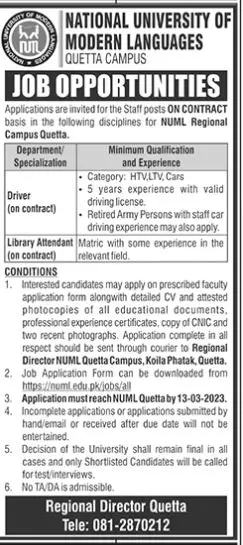 National University of Modern Languages Quetta Campus Jobs – National University of Modern Languages Islamabad Jobs 2023 — original advertisement