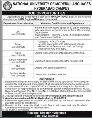 National University of Modern Languages Hyderabad Jobs 2023 – National University of Modern Languages Islamabad Jobs 2023 — original advertisement