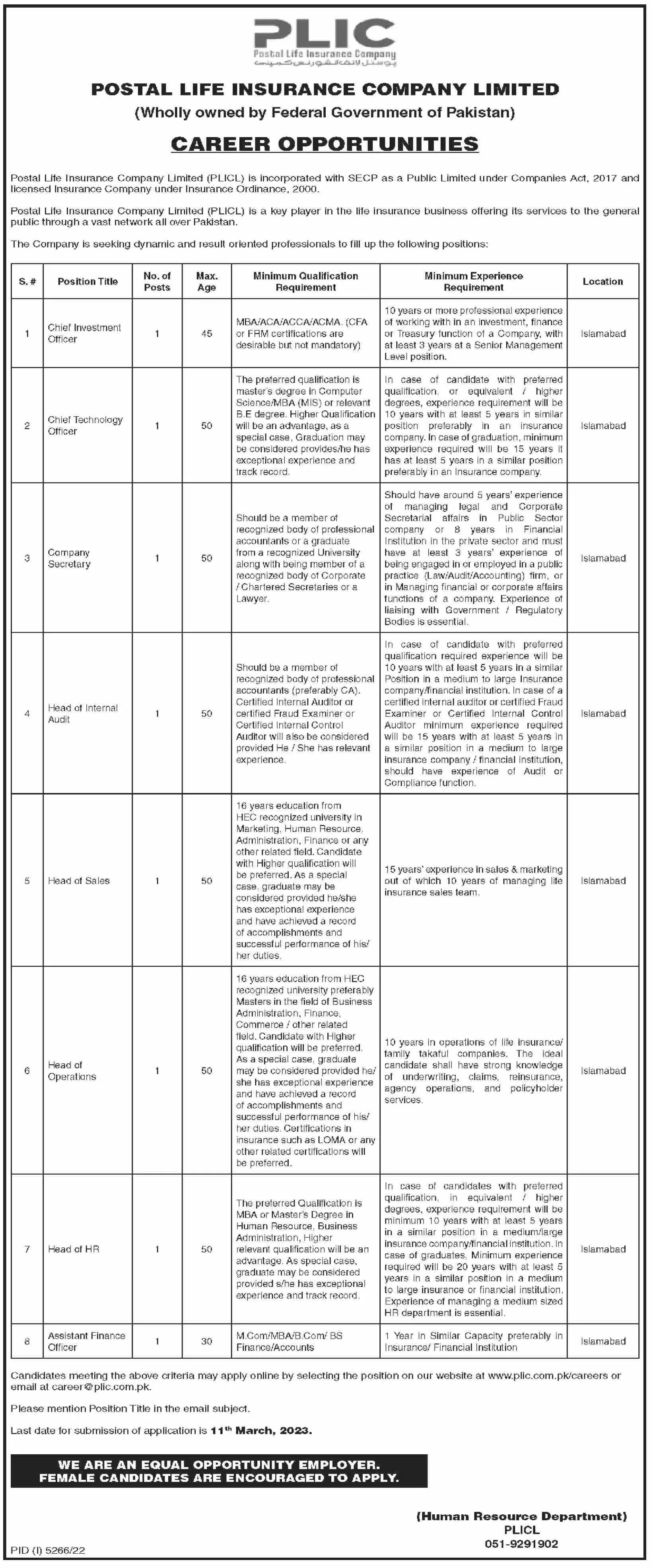 Postal Life Insurance Company Limited Jobs 2023 Jobs 2023 — original advertisement