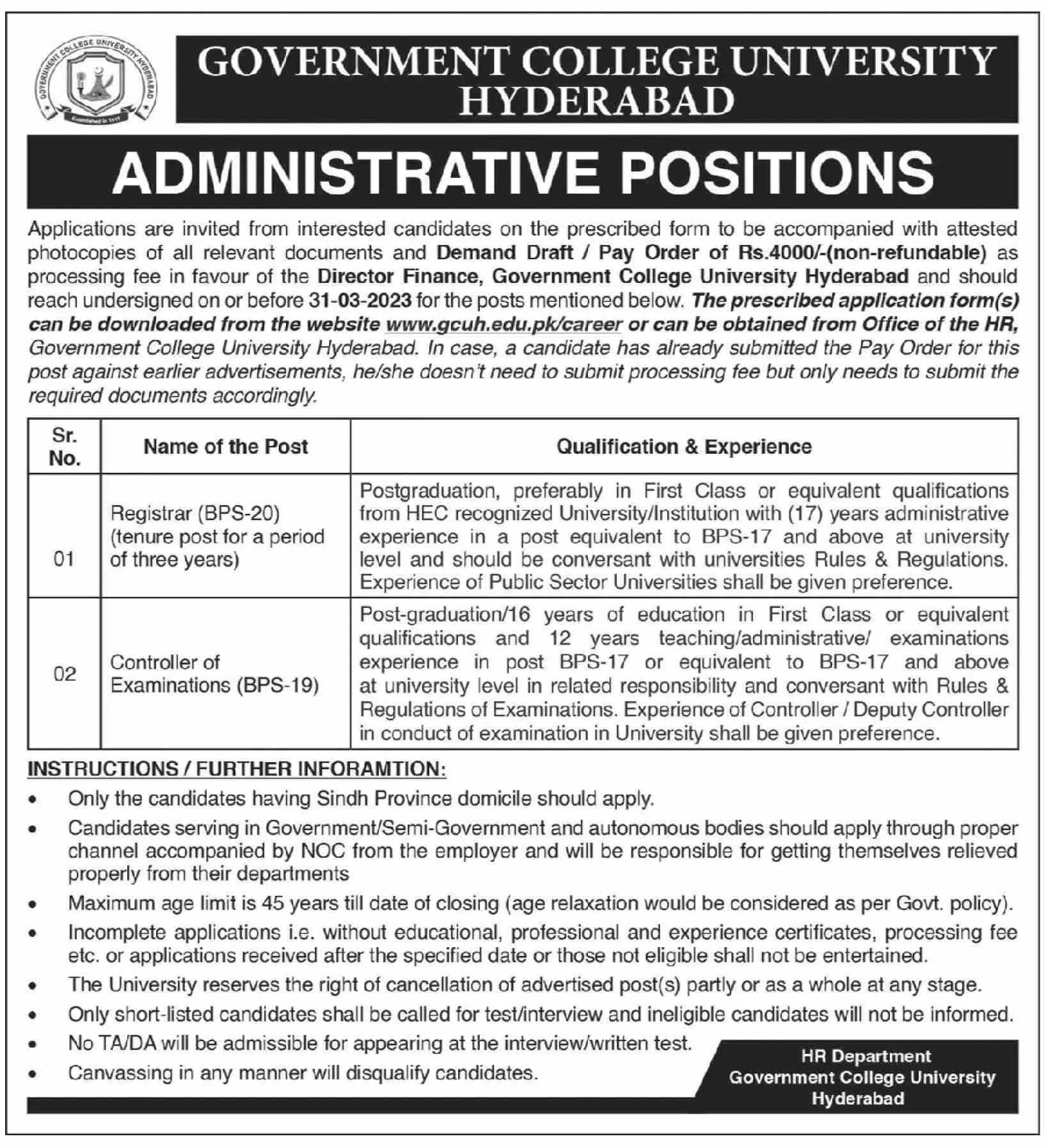 Government College University Hyderabad Jobs 2023 – Government College University Lahore Jobs 2023 — original advertisement