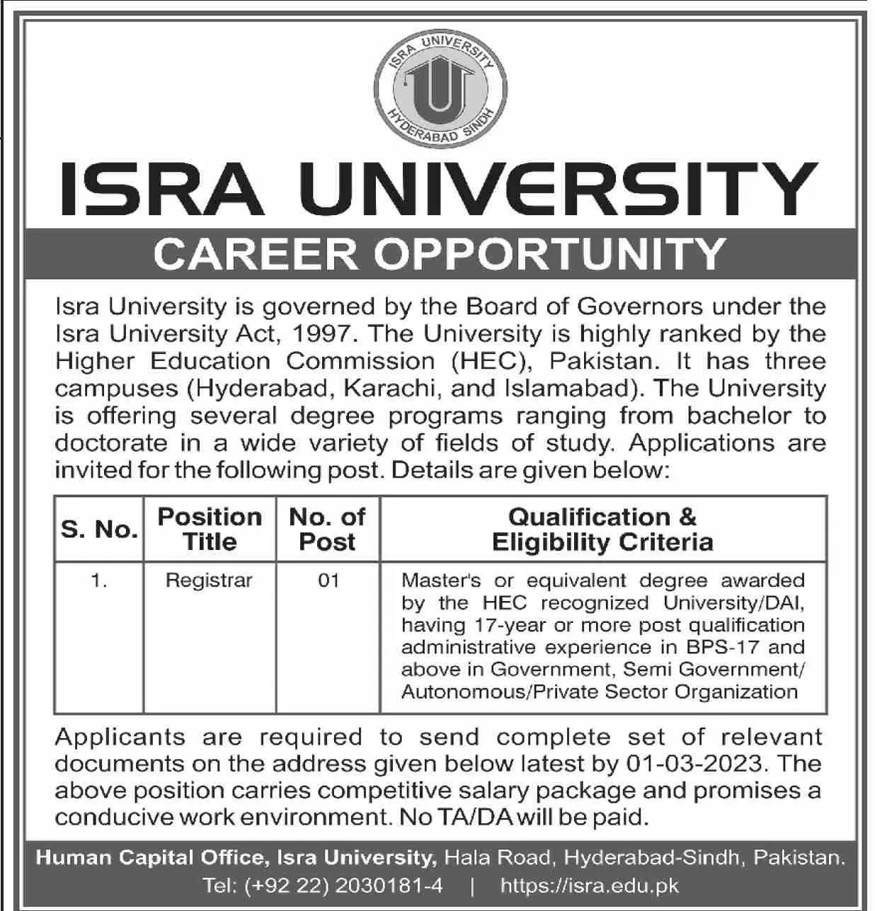 Isra University Karachi Jobs 2023 Jobs 2023 — original advertisement
