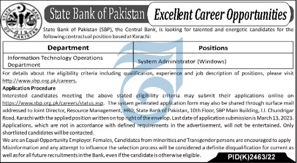 State Bank of Pakistan Karachi Jobs 2023 Jobs 2023 — original advertisement