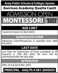 Garrison Academy Quetta Cantt Admissions 2023 – Army Public School & College Paksitan Admissions 2023 — original advertisement