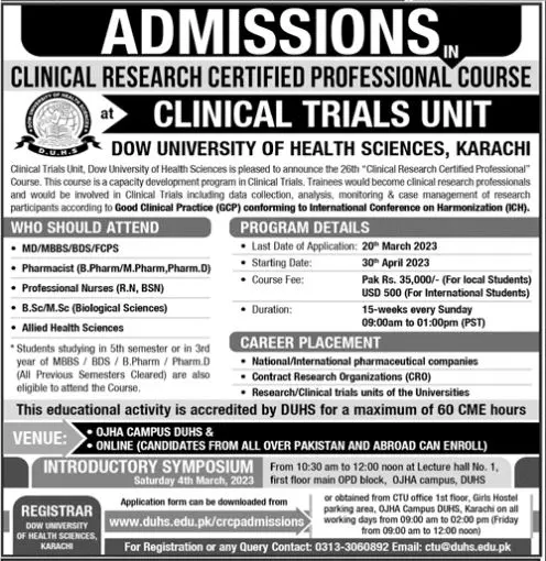Dow University of health Sciences Karachi Admissions 2023 Admissions 2023 — original advertisement