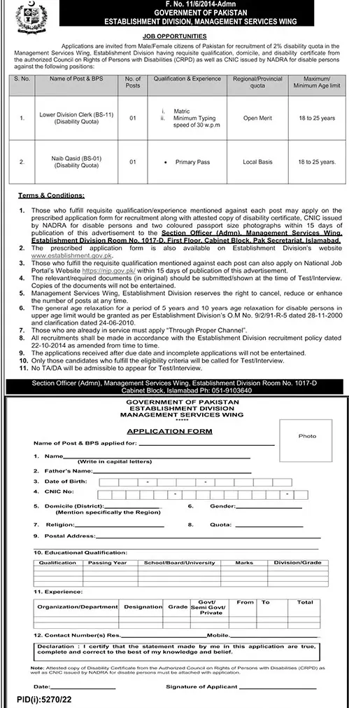 Establishment Division Islamabad Jobs 2023 Jobs 2023 — original advertisement