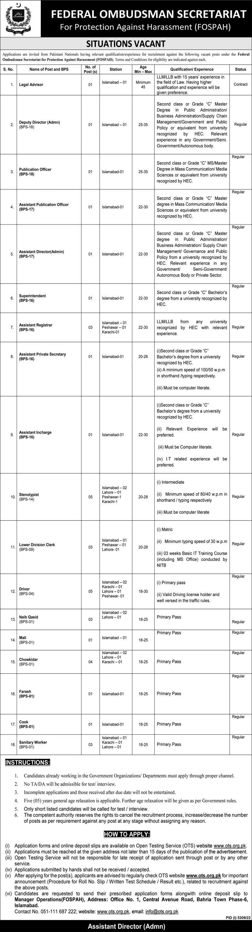Federal Ombusman Secretaeiat Islamabad Jobs 2023 – Federal Tax Ombudsman Secretariat Pakistan Islamabad Jobs 2023 — original advertisement