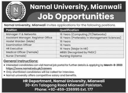 Namal University Mianwali Jobs 2023 Jobs 2023 — original advertisement