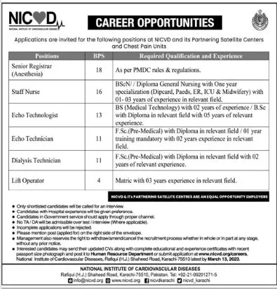 National Institute of Cardiovascular Diseases Jobs 2023 – National Institute of Cardiovascular Diseases (NICVD) Sindh Karachi Jobs 2023 — original advertisement