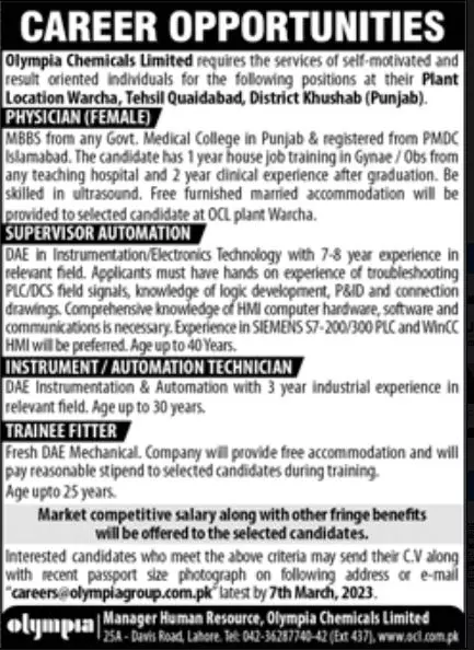 Olympia Chemicals Limited Jobs 2023 Jobs 2023 — original advertisement