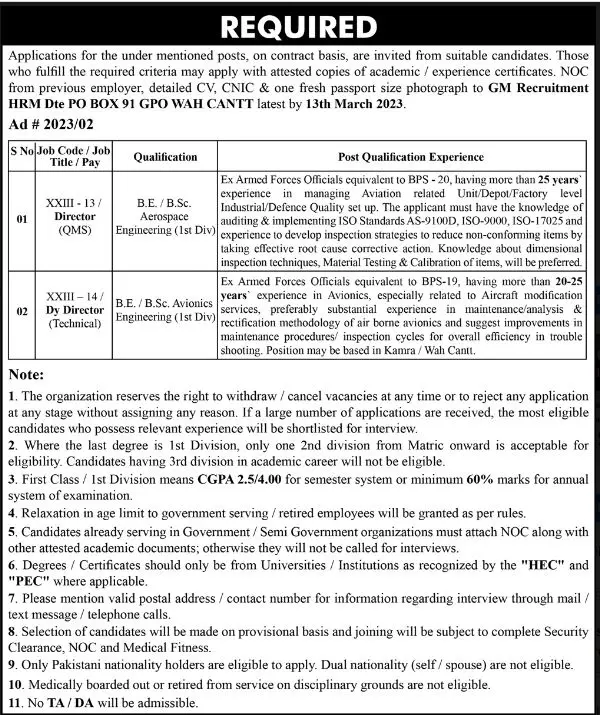 GM Recruitment Wah Cant Jobs 2023 – Pakistan Army Jobs 2023 — original advertisement