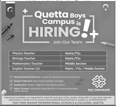 Pak Turk Maarif International School & College Quetta Jobs – Pak Turk Maarif Quetta Boys Campus Jobs 2023 — original advertisement