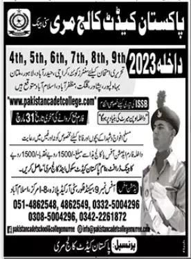 Cadet College Murree Admissions 2023 Admissions 2023 — original advertisement
