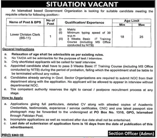 Government Organization Islamabad Jobs 2023 – Federal Government Organization Jobs 2023 — original advertisement