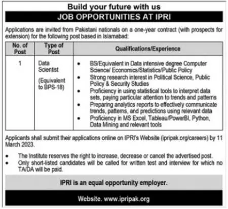 Islamabad Policy Research Institute IPRI Jobs 2023 Jobs 2023 — original advertisement