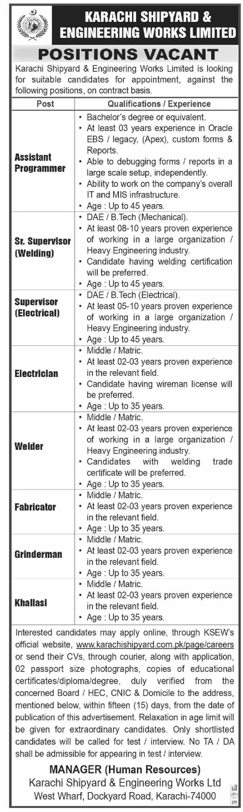 Karachi Shipyard and Engineering Works KSEW Jobs 2023 – Karachi Shipyard & Engineering Works Limited Jobs 2023 — original advertisement