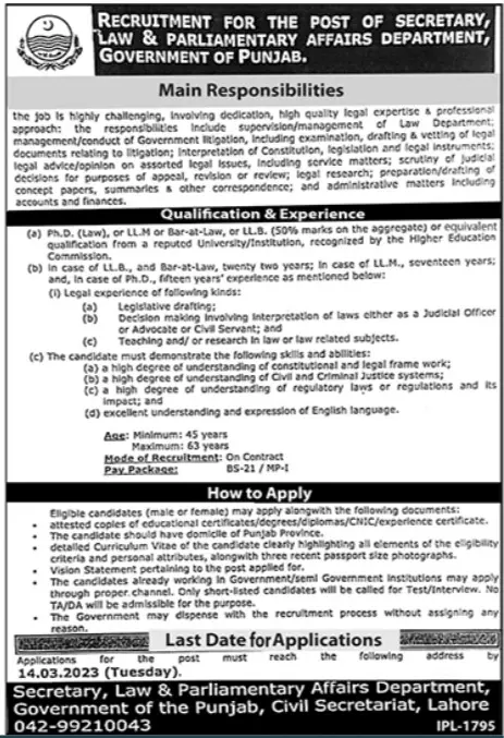 Law & Parliamentary Affairs Department Secretary Lahore Jobs – Law and Parliamentary Affairs Department Punjab Jobs 2023 — original advertisement