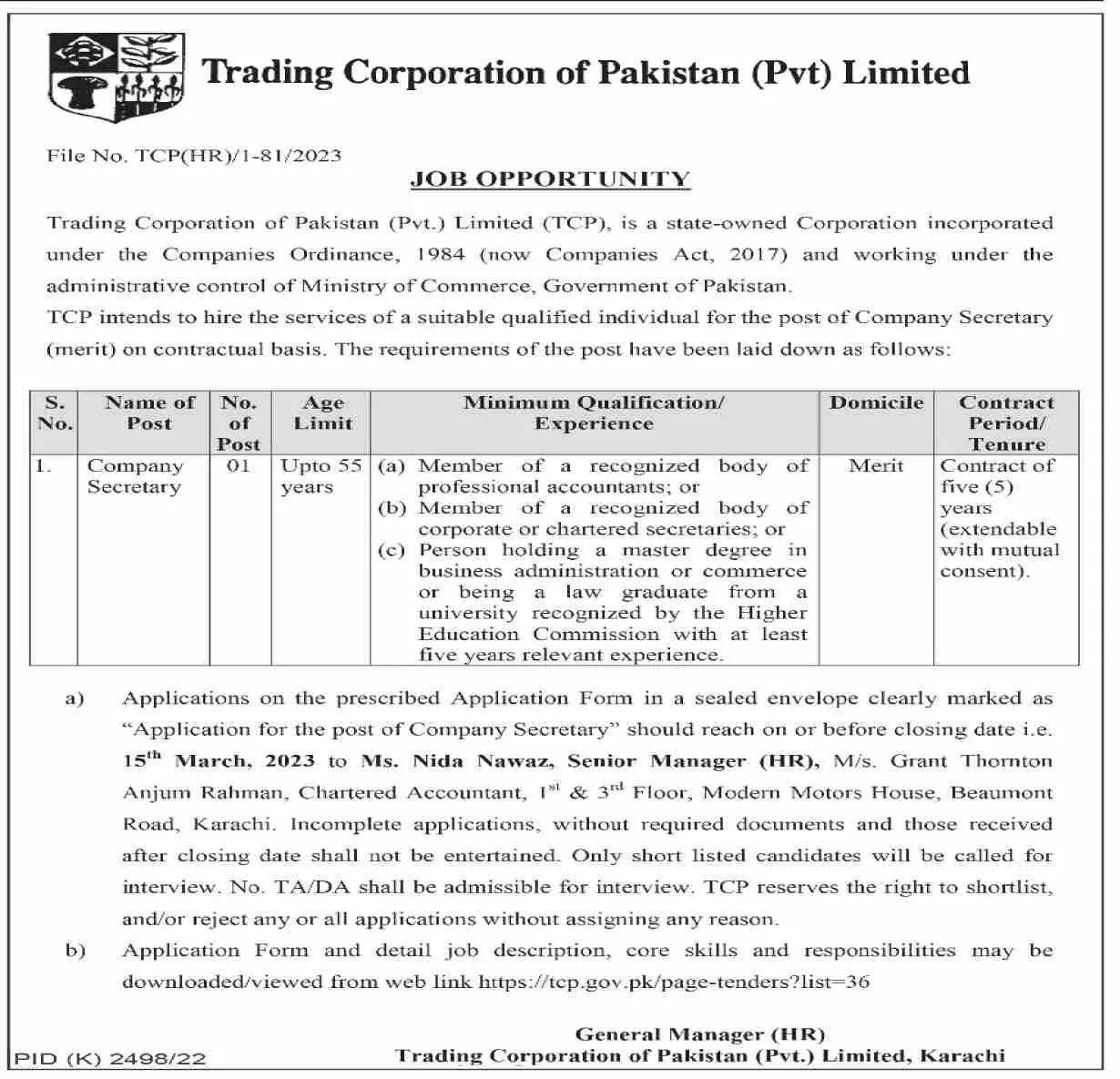 Trading Corporation of Pakistan Pvt Limited Jobs 2023 – Trading Corporation of Pakistan Private Limited Jobs 2023 — original advertisement
