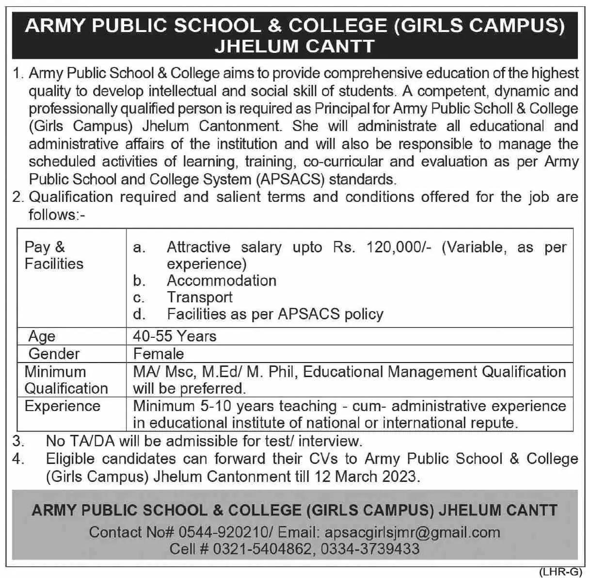 Army Public School & College Girls Campus Jhelum Cantt Jobs – Army Public School & College Paksitan Jobs 2023 — original advertisement