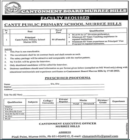 Cantt Public Primary School Murree Hills Jobs 2023 – Cantonment Board Jobs 2023 — original advertisement