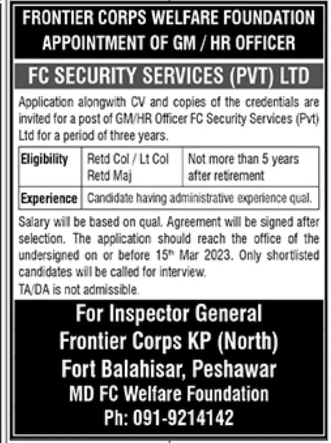 Frontier Crops Welfare Foundation Peshawar Jobs 2023 – Frontier Corps Kpk Jobs 2023 — original advertisement