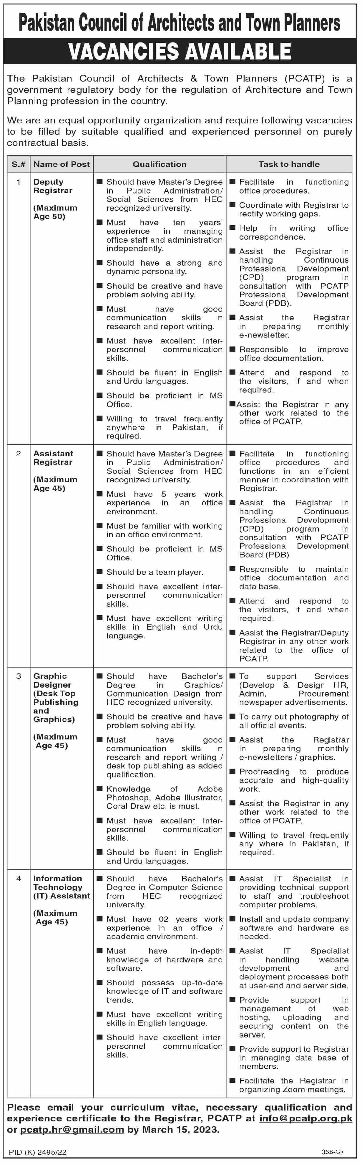 Pakistan Council for Architects and Town Planners Jobs 2023 – Pakistan Council of Architects & Town Planners PCATP Jobs 2023 — original advertisement