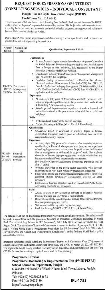 Punjab Human Capital Investment Project PHCIP Jobs 2023 – School Education & Literacy Department Sindh Jobs 2023 — original advertisement