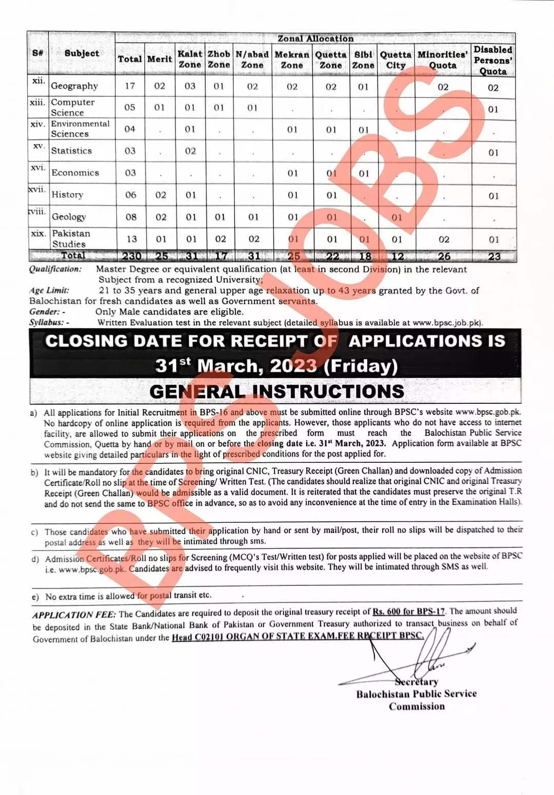 Balochistan Public Service Commission BPSC Jobs 04/2023 – Balochistan Public Service Commission Quetta Balochsitan Jobs 2023 — original advertisement