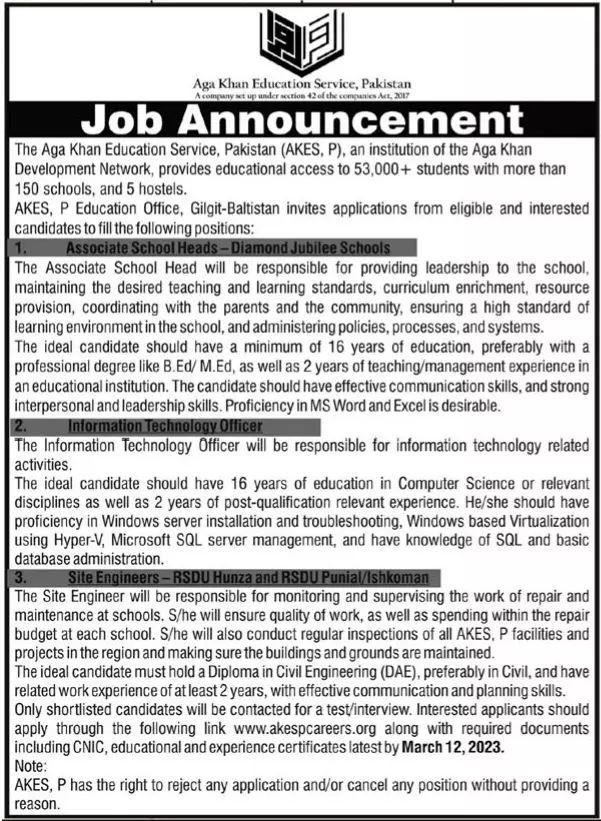 Aga Khan Education Service Gilgit Baltistan Jobs 2023 – Aga Khan Education Service Pakistan Jobs 2023 — original advertisement