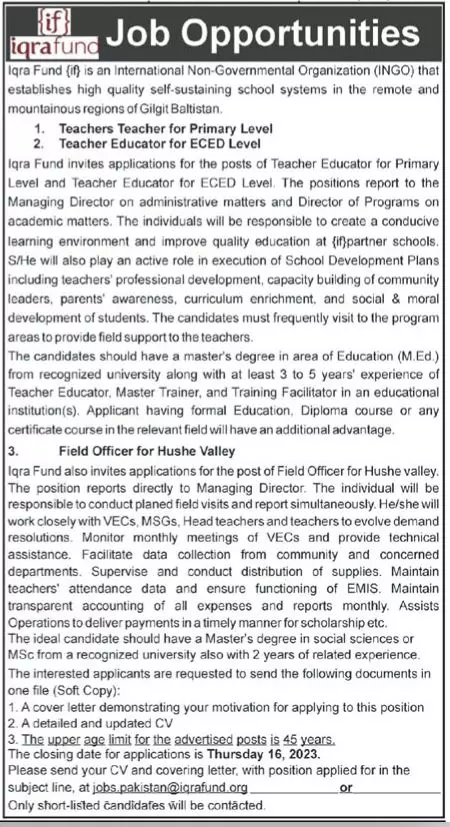 Iqra Fund International Non Government Organization Jobs – Public Sector Organization Jobs 2023 — original advertisement