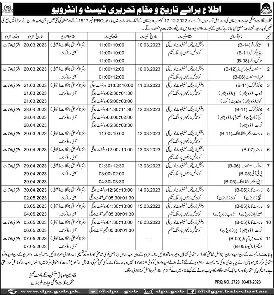 Forests and Wildlife Balochistan Written Test & Interview – Forest and Wildlife Department Balochsitan Jobs 2023 — original advertisement