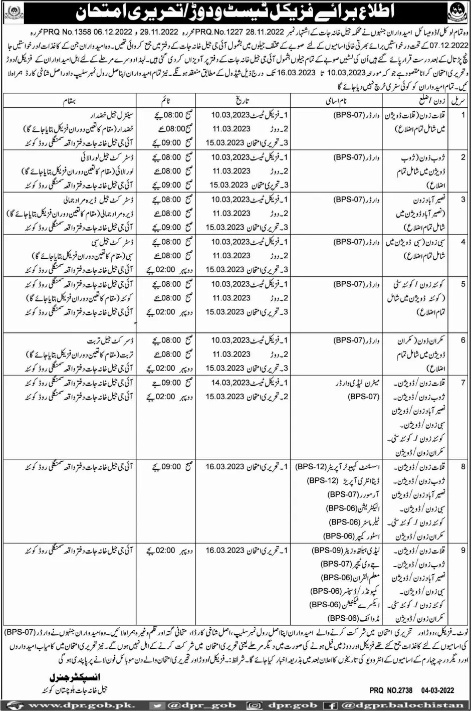 Prisson Department Balochistan Physical Test Schedule 2023 – Prisons Department Balochistan Jobs 2023 — original advertisement