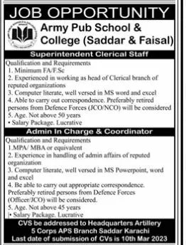 Army Pub School & College Saddar & Faisal Karachi Jobs 2023 – Army Public School & College Paksitan Jobs 2023 — original advertisement